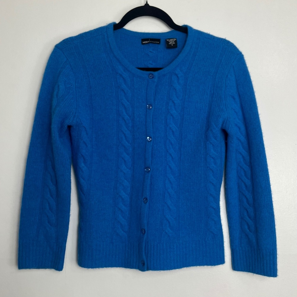 VTG MODA International Cobalt Blue Cable‎ Knit Cardigan Lambswool Sweater Size S